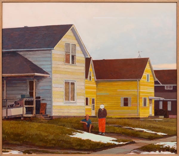 Pat Perry painting of housed, two figures on front lawn, one of them holding a mask to their face