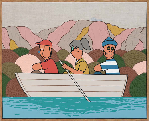 Painting of three figures in a row boat on the water with pink, gray and yellow mountains in the background. One of the figures looks like a dog with long ears and a blue circle nose with a red hat and shirt on sitting in the front of the boat, the figure in the middle is a girl with gray hair in a ponytail and a yellow polo shirt on holding the sterns, the figure in the back of the boat has a skeleton face and a blue beanie and a stripped blue and white shirt on.