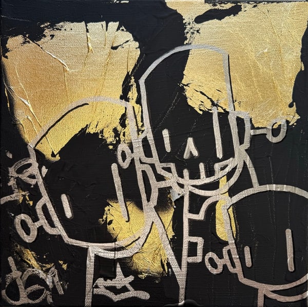 three outlined robots against a black background with gold leaf