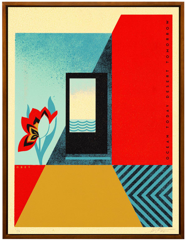 red, blue, and telow gemetric image with a flower on the left and the text "Ocean today, desert tomorrow"