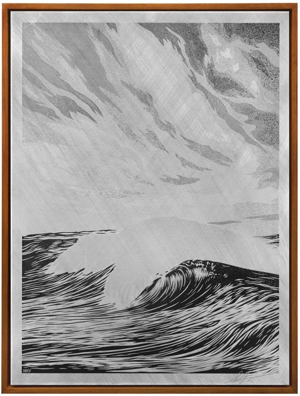 grey scale scene with a wave and sky