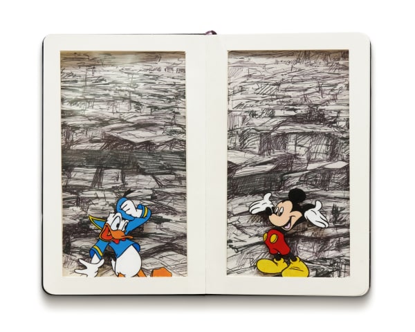 Painting of a Mickey Mouse and Donald Duck standing in front of multiple gray and black cubes