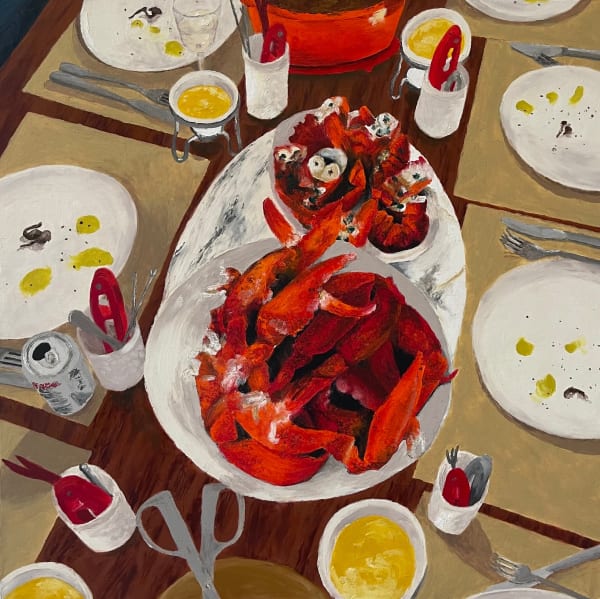 Chelsea Kirkey still life painting of a red lobster on table surrounded by plates and yellow butter dishes