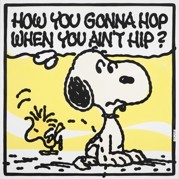 image of woodstock and snoopy from the peanuts cartoon over a yellow background with a speech showing rap lyrics