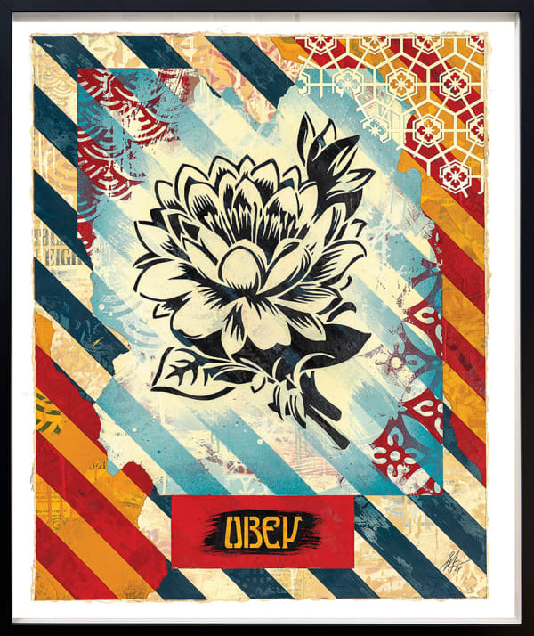 black and white lotus flower with a striped red, blue, cream, and yellow background with the obey logo