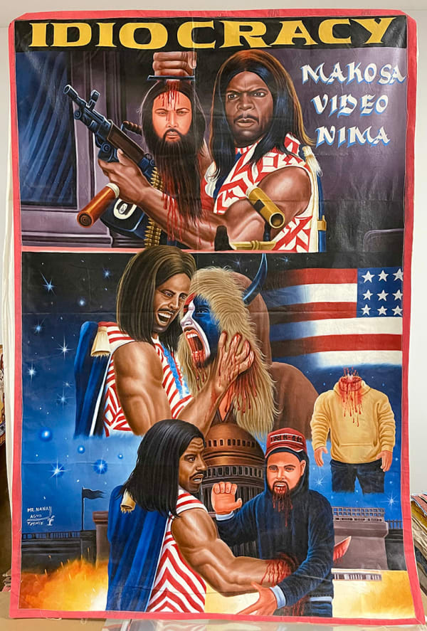 Deadly Prey (Mr. Nana Agyq) Idiocracy, 2021 oil and enamel on flour sack 60 x 40 in 152.4 x 101.6 cm