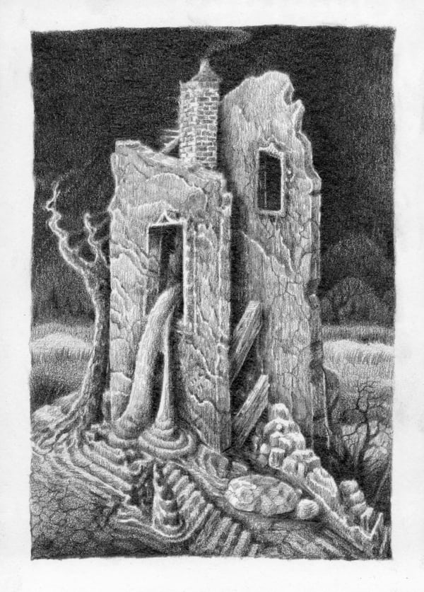 black and white drawing of abandoned structure in deserted landscape