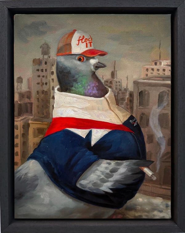 A painting of a pigeon wearing a red and white hat and jacket, holding a cigarette.