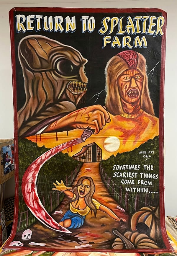 Deadly Prey (Wise Art) Return to Splatter Farm, 2010’s oil and enamel on flour sack 62 x 38 in 157.5 x 96.5 cm