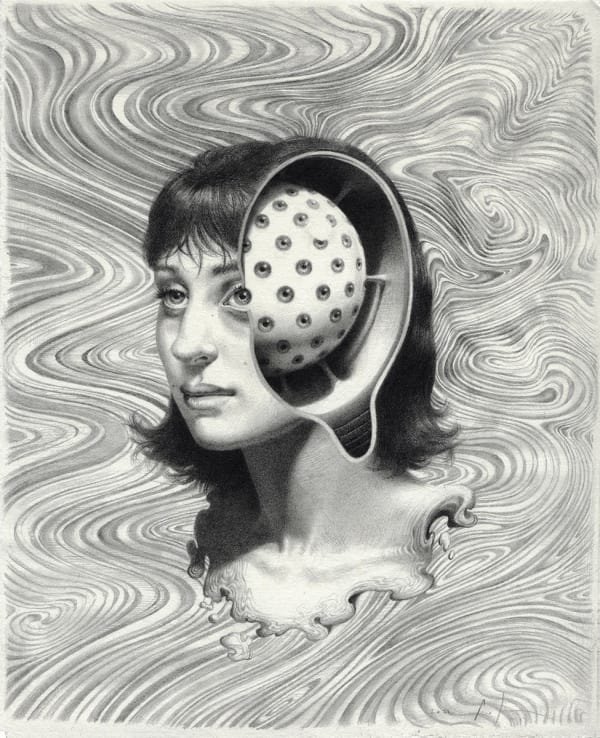 black and white drawing of a woman's head which is open on the side revealing an eyeball covered orb inside