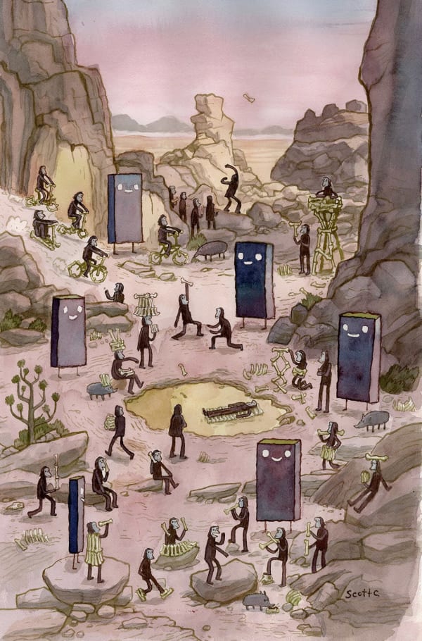 monkey characters and black monoliths from the movie 2001: A Space Odyssey