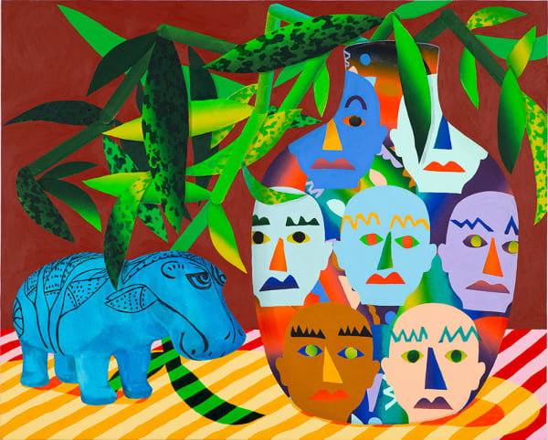 Karen Lederer painting of vase with face decorated vase and blue animal figure to left