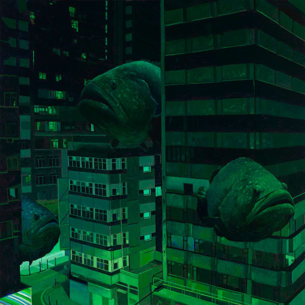 green painting of large green fish swimming around skyscrapers