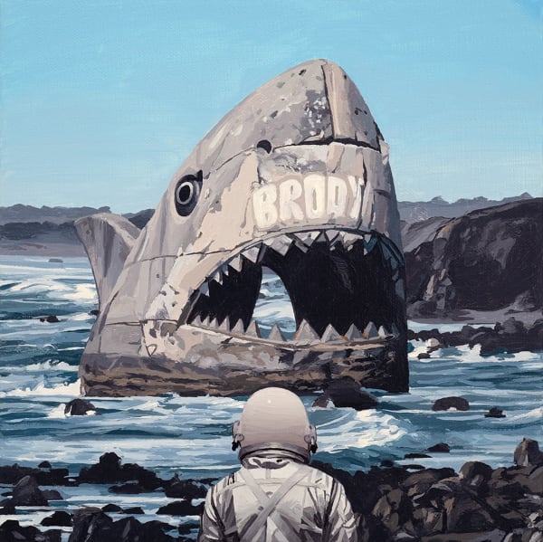 Painting by artist Scott Listfield depicting an astronaut in a white suit facing a large monument of a Megalodon submerged in the ocean.