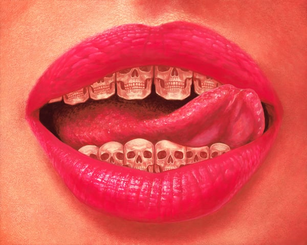Painting byCasey Weldon for "Supersonic Invitational X". Close up of mouth with skulls as teeth.