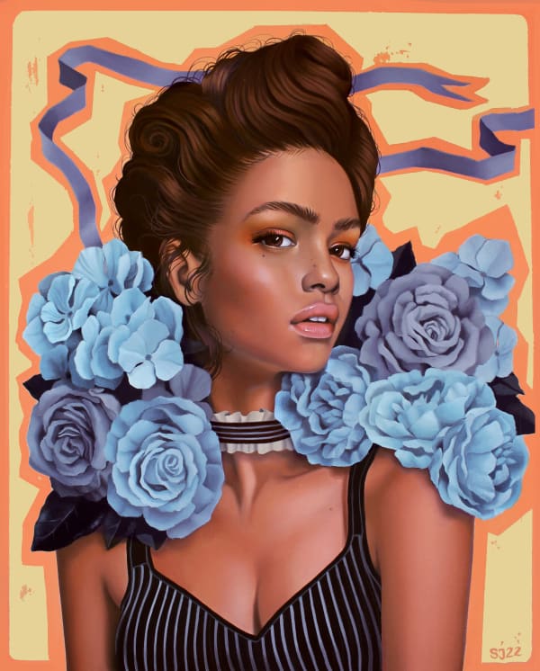 painting of a woman with blue flowers on her shoulders