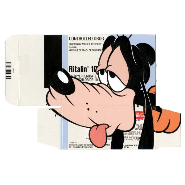 Cartoon character goofy painted on ritalin packaging