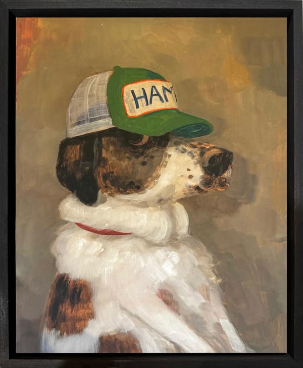 painting of a white and brown dog seated upright wearing a baseball hat that says "HAM"