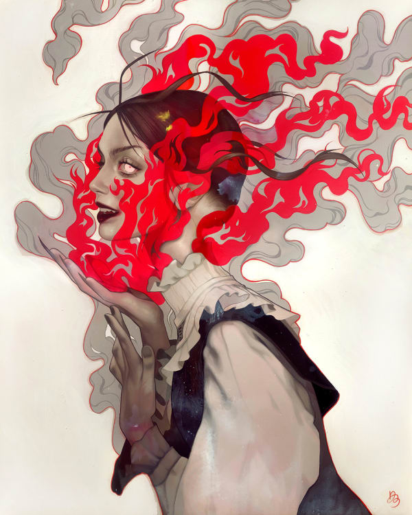 woman with red and grey smoke billowing in her face