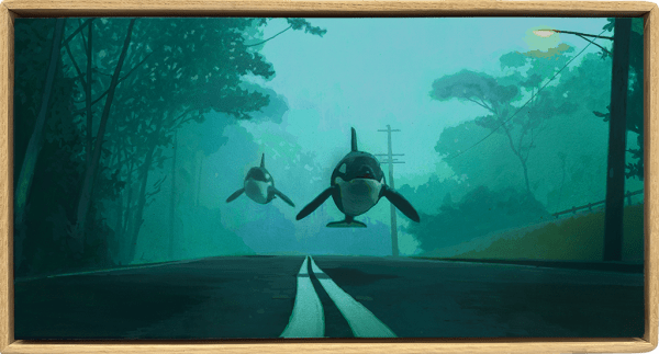 Painting by artist Chris Austin depicting two orca whales floating above a two lane highway in a forest landscape