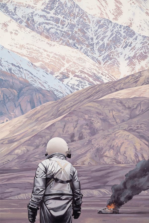 Painting by artist Scott Listfield depicting an astronaut in a white suit against a purple mountain background. In the distance, a grey Tesla Cybertruck is engulfed in flames.