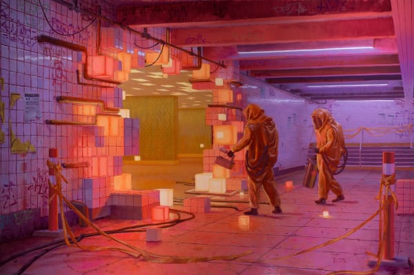 painting of two people in hazmat suits approaching a hole in the wall illuminated in pink light