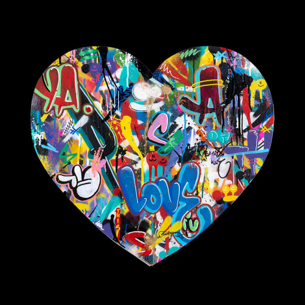 heart cutout filled with colorful graffiti designs