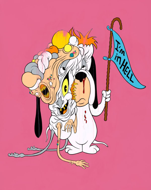 Painting of mutant Droopy holding a flag that reads "I'm in Hell" by Alex Pardee