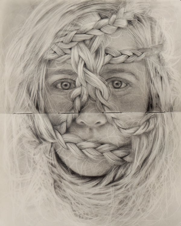 Drawing of a person with their hair wrapped and braided around their face, covering their mouth.