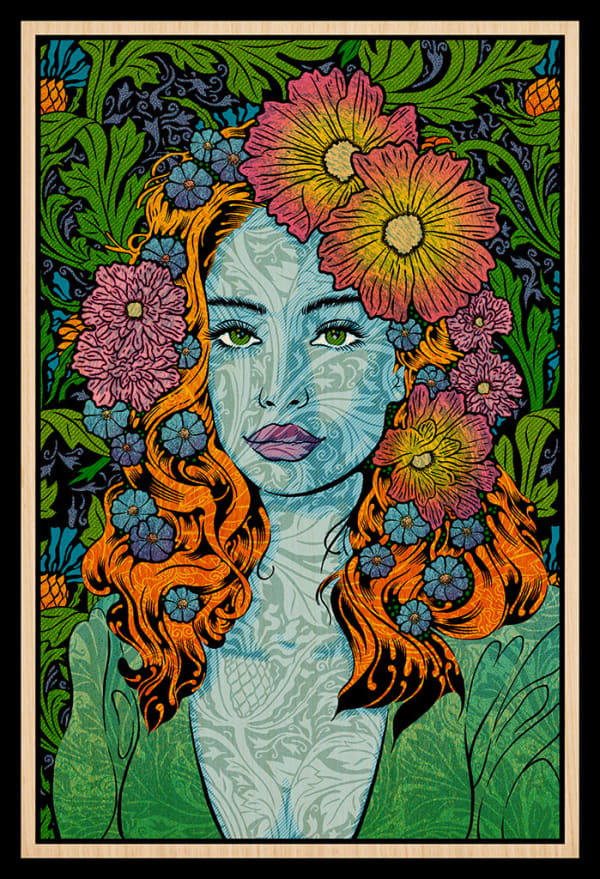 7 color screen print of a woman in a low cut green top with flowers in her orange hair