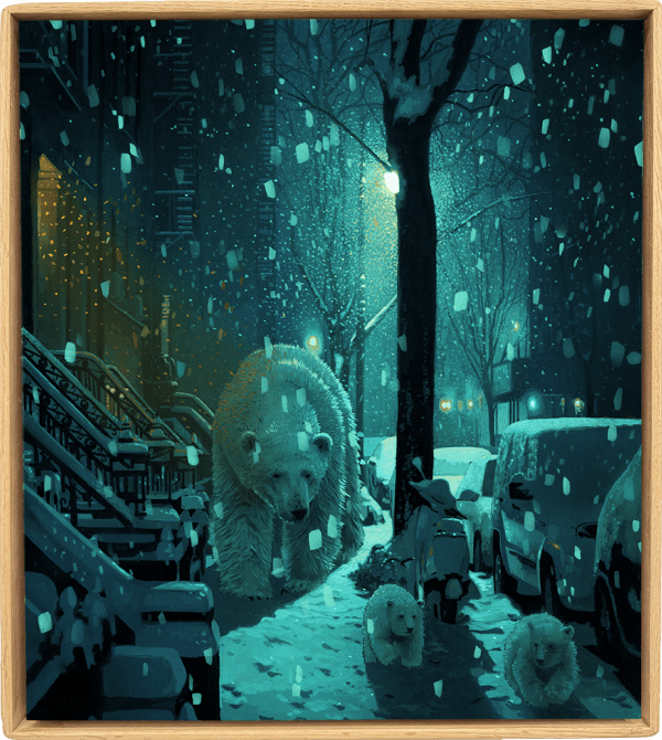 Painting by artist Chris Austin depicting a snowy city street at night with a group of Polar bears walking along the sidewalk