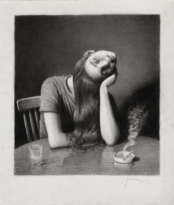 black and white drawing of a woman sitting at a table with her head twisted upside down and a lit cigarette sitting in a ashtray