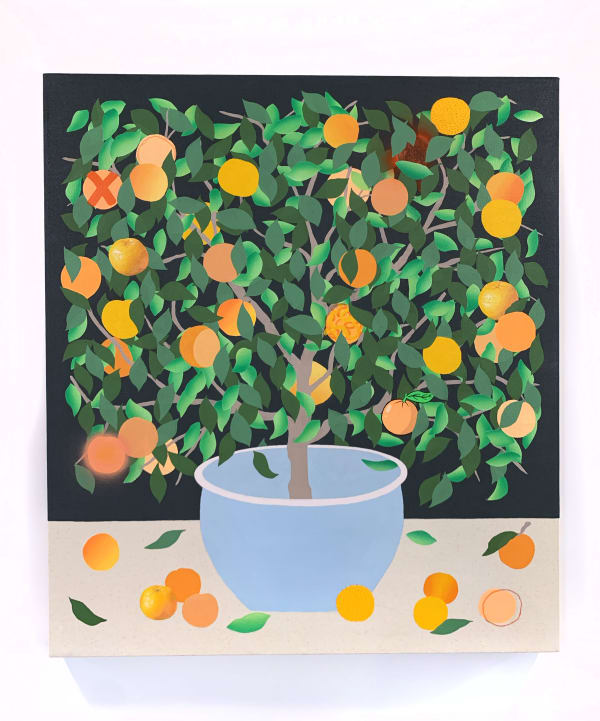 Stephen D'Onofrio "Clementine Tree" painting of fruit tree in blue pot