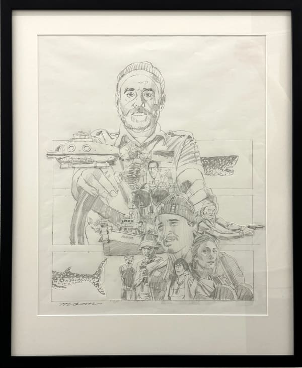 Painting of character from the Life Aquatic with submarines and boat around them