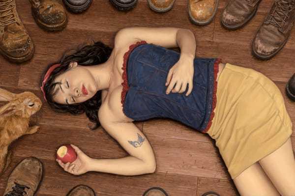 Painting of princess Snow White laying on the floor holding an apple