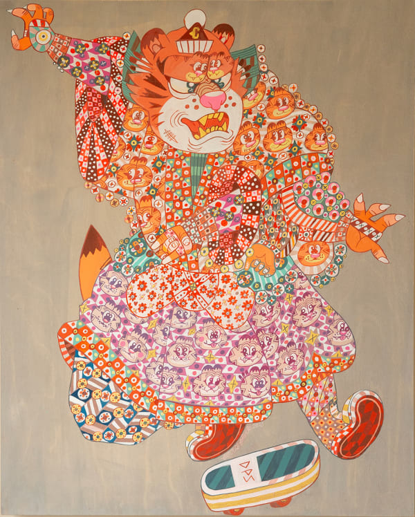 Orange Tiger dressed in colorful patterned clothing on a skateboard