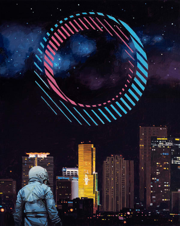 man in a spacesuit looking out at a nighttime city skyline