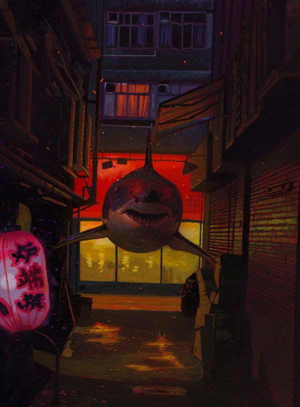 shark floating through chinatown at night