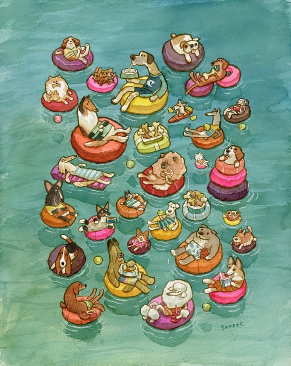 painting of different dog breeds sitting in inner tubes on water