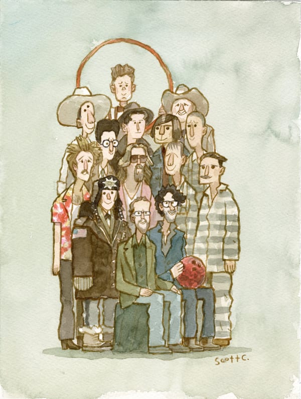 different characters from movies made by the Coen brothers