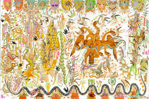 Mu Pan painting of animals and human hybrid creatures eating, fighting, sleeping, etc