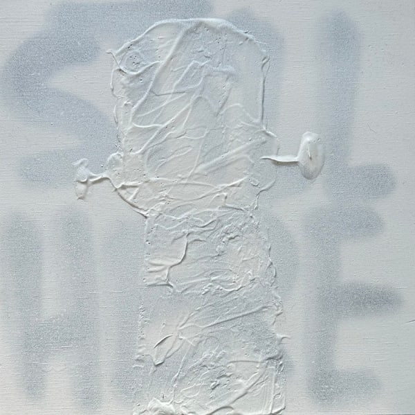 grey canvas with the words "Still Here" and a robot figure
