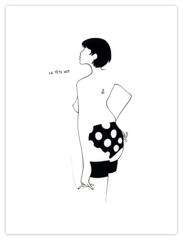 line drawing of a woman with short hair in polka dot underwear and a cigarette in her hand