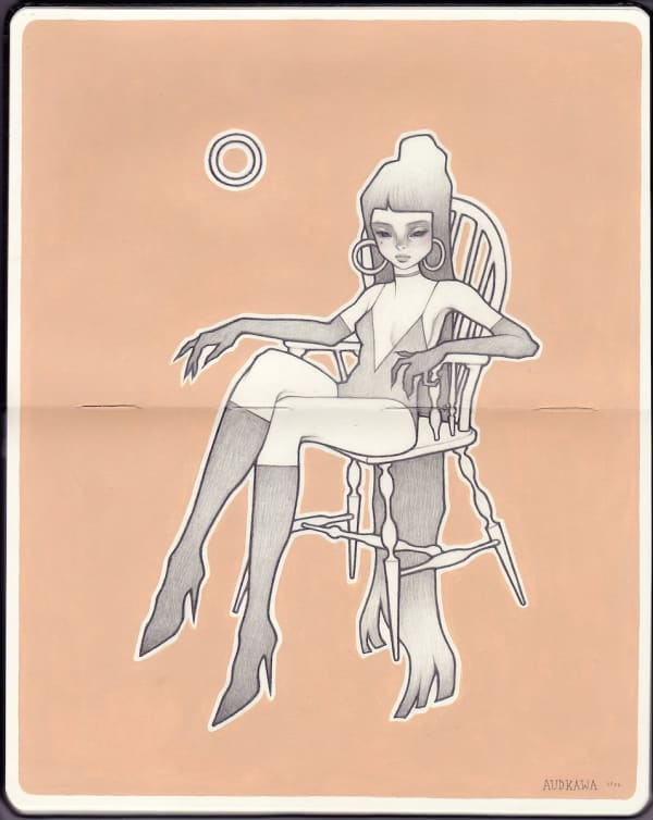 Painting of woman in black and white with her legs crossed and long hair down the back of the back of the chair with a pink background