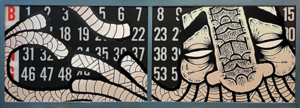 GATS BINGO, 2025 enamel on vintage bingo board from a casino 29 x 80 1/2 x 5 7/8 in 73.7 x 204.5 x 15 cm