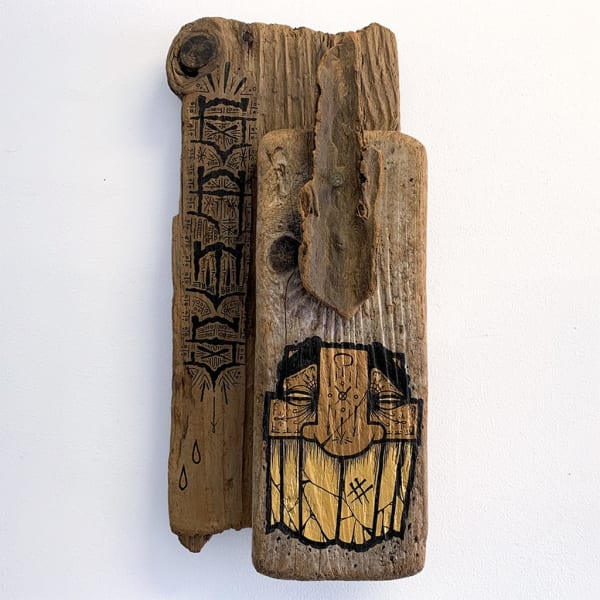 GATS Overture to Darkness, 2014 acrylic on driftwood 19 x 19 x 4 1/2 in 48.3 x 48.3 x 11.4 cm