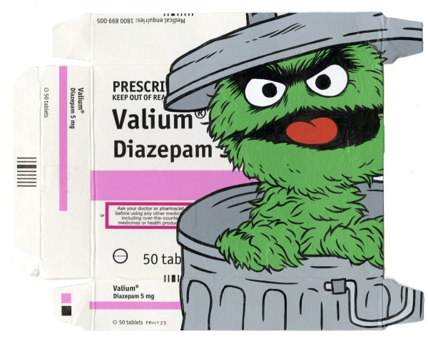 cartoon character Oscar the Grouch painted on Valium packaging