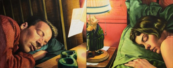 Painting of two people sleeping mirrored by eachother