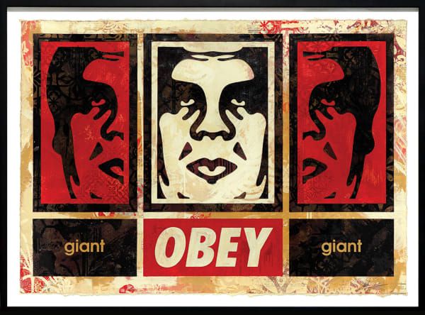 three panel image of a mans face with two red panels on the outside and a red one in the middle, and the text "Giant, OBEY, giant" on the bottom