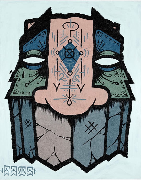 painting of a pink, green, and blue totemic mask on a light blue background